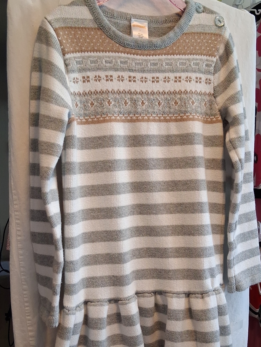Gymboree Gray & White Striped Fair Isle Yoke Knit Dress with Tan Accents